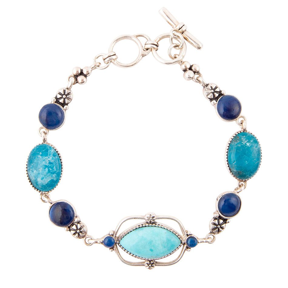 Regal Blue Turquoise and Apatite Sterling Silver Link Bracelet